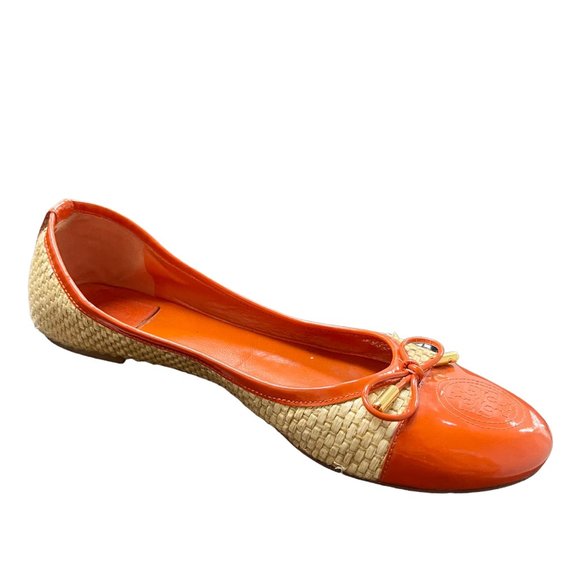 Tory Burch Flats, orange leather & woven rattan, Size 10 - Picture 2 of 6